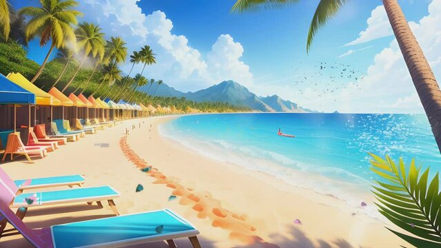 Tropical beach with palm trees and sea in summer. Cartoon or anime illustration style. seamless looping 4K time-lapse virtual video animation background.