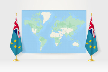 World Map between two hanging flags of Tuvalu flag stand.