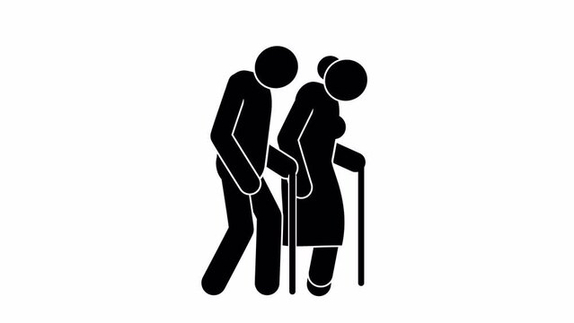Elderly couple walks with chopsticks - animated pictogram. Grandfather and grandmother - people icons. Old Stickmans. Looping animation with alpha channel.