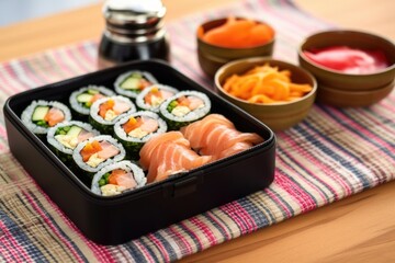 lunch box filled with sushi rolls and pickled ginger placed on a table mat