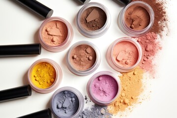 loose powders in a variety of hues, with applicators