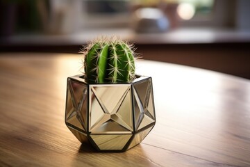 a mirrored planter holding a small cactus on a wooden table