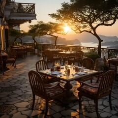 Background of the beautiful coast of China at sunset on the restaurant terrace