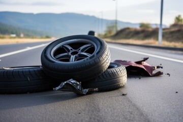 close-up of deflated car tyres after accident - obrazy, fototapety, plakaty