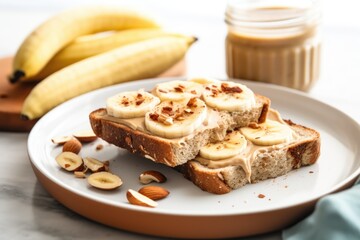 Fototapeta na wymiar toast with almond butter and sliced bananas on a plate