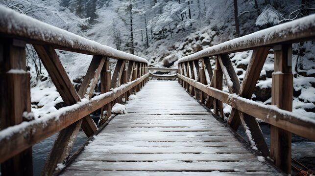 Close up of a snowy Bridge in the Mountains. Beautiful natural Background