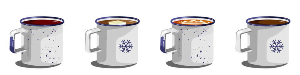 set of cups. Christmas holiday coffee mug. Cocoa with marshmallows, winter warming drinks and hot espresso cup. Xmas hot chocolate mugs or winter cappuccino and latte cups. Isolated vector 
