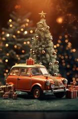 Decorated Christmas car near the Christmas tree. Christmas and New Year holiday concept. Copyspace.