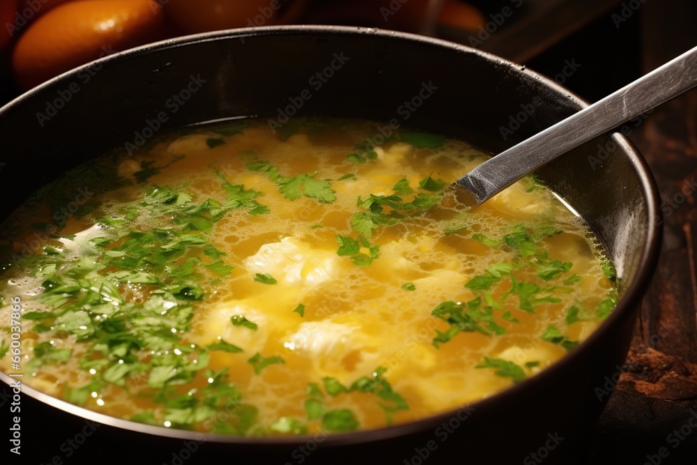 Aufkleber a bowl of soup with a spoon in it on a table. generative ai