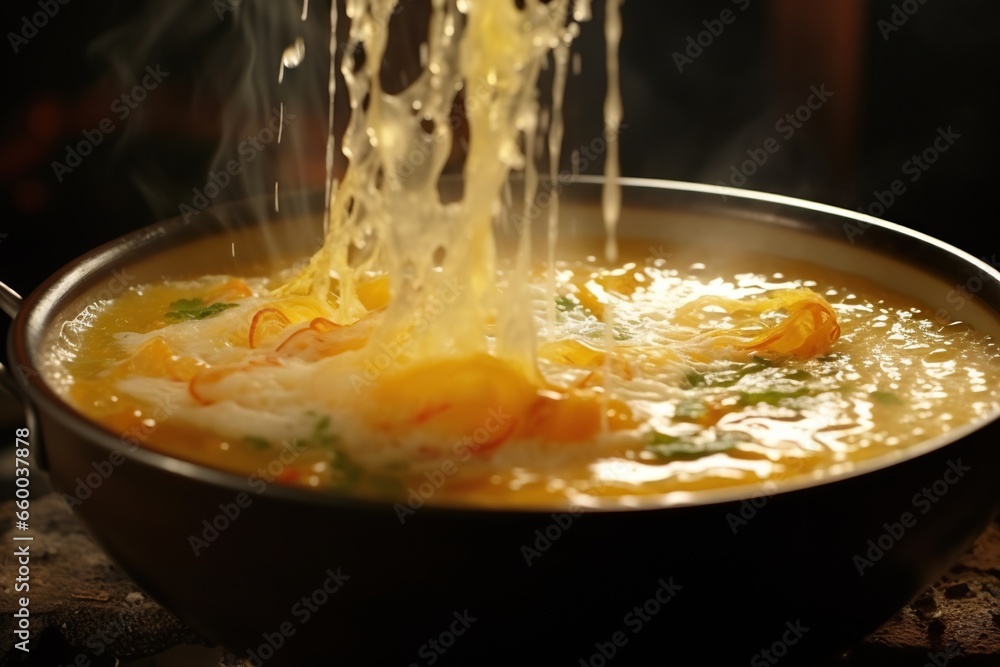 Poster a bowl of soup being poured into it with a spoon. generative ai