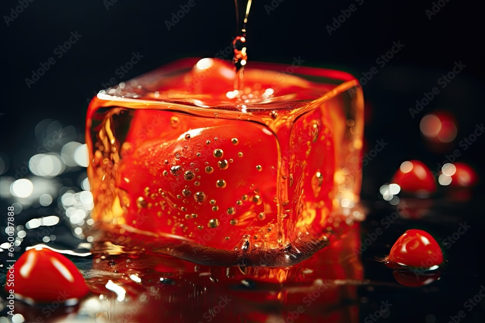 Poster a glass cube with a liquid pouring out of it on a table. generative ai