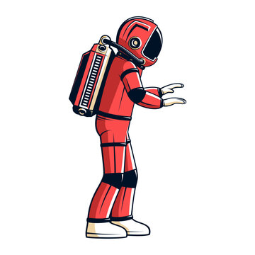 Cosmonaut in a red spacesuit - side view. Astronaut walks unsteadily. Isolated vector illustration in retro style.