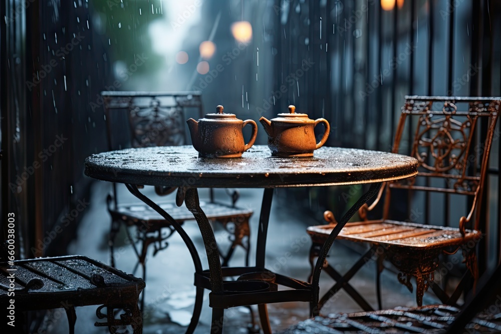 Poster a table with two teapots on top of it. generative ai