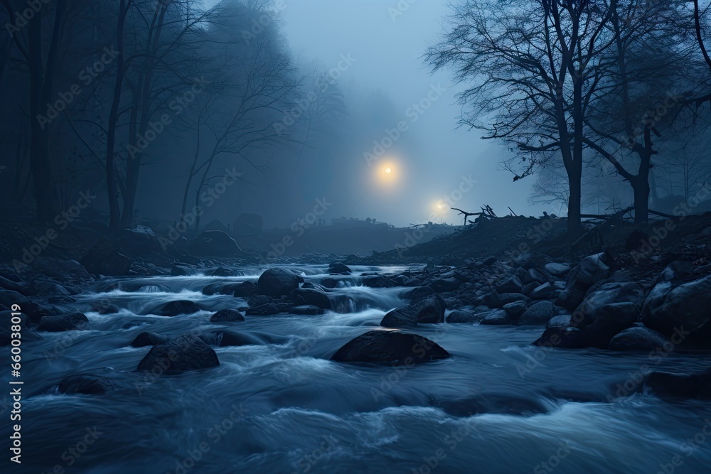 Poster a river running through a foggy forest with a street light in the distance. generative ai
