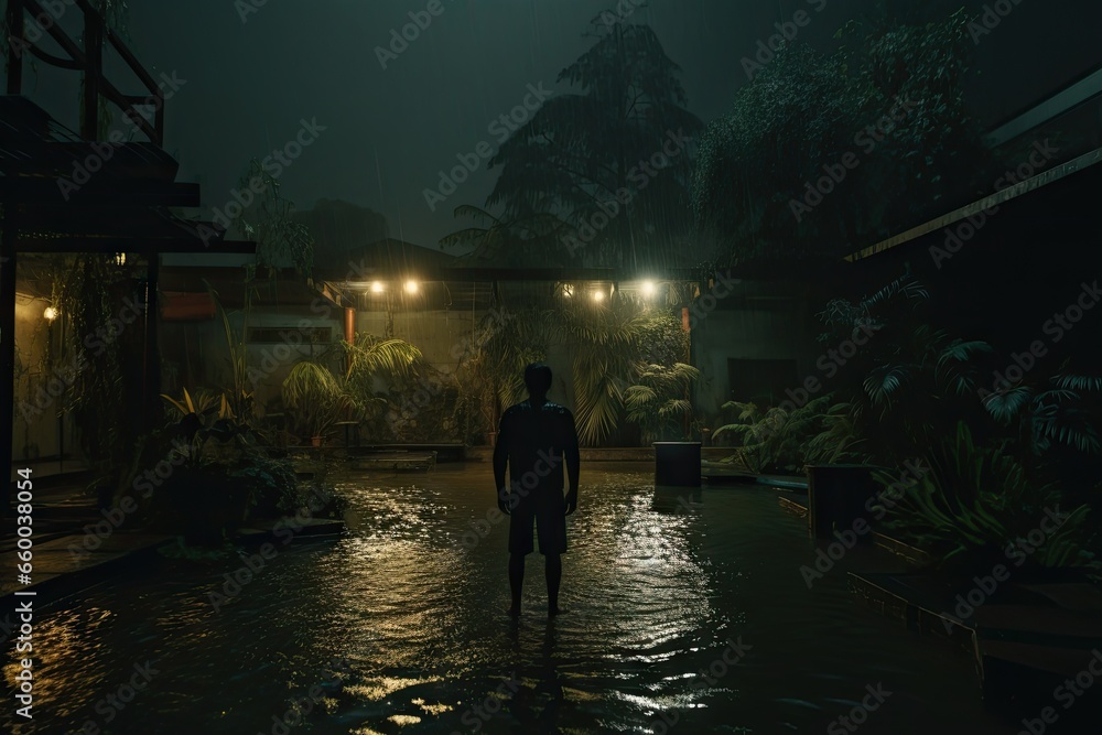Poster a man standing in the middle of a pool at night. generative ai