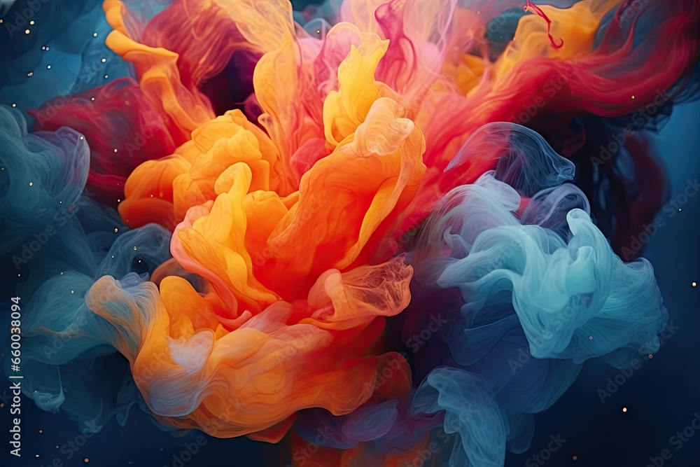 Poster a multicolored substance is floating in the air with a blue background. generative ai