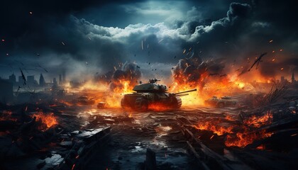 Actions on the battlefield, shooting of various military tanks. Fighters attack the tank for defensive purposes. Explosions and destruction caused by war.
