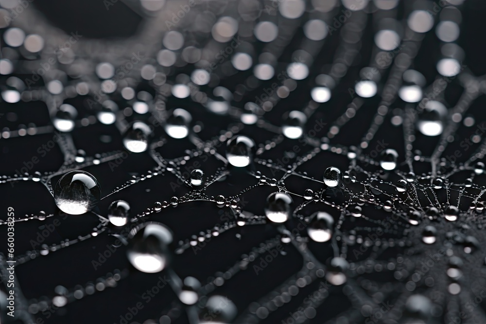 Poster  a close up of water droplets on a spider web pattern.  generative ai