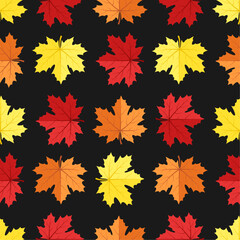 Autumn fall vector seamless pattern. Red, yellow and orange maple leaves on black background. Best for textile, wallpapers, home decoration, wrapping paper, package and web design.