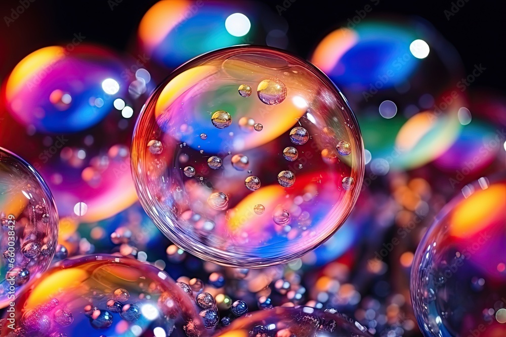 Poster a bunch of soap bubbles floating on top of each other. generative ai