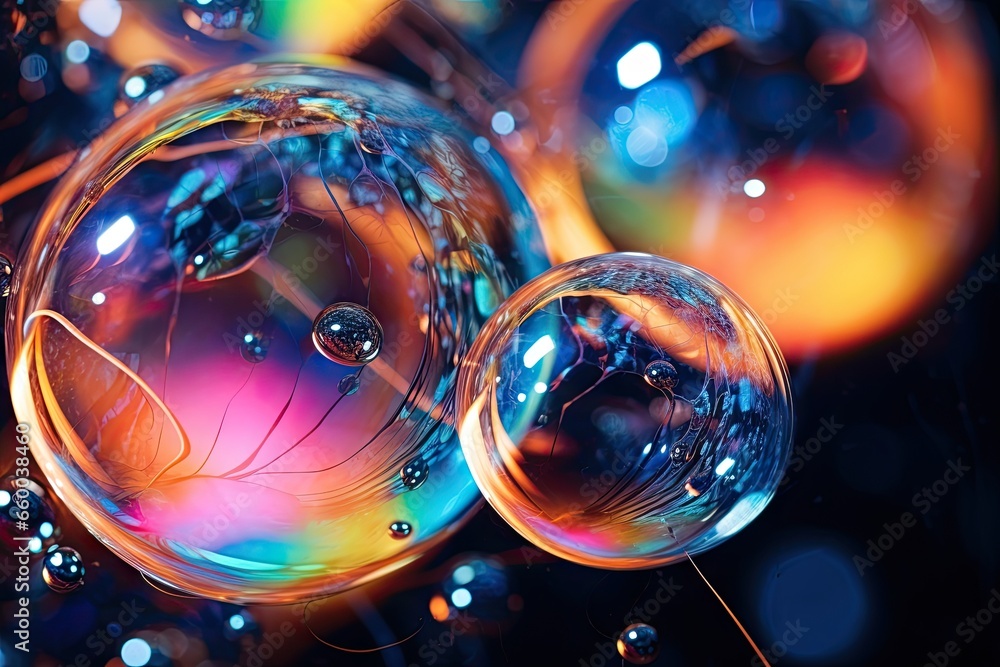 Aufkleber a group of bubbles floating on top of a black surface. generative ai