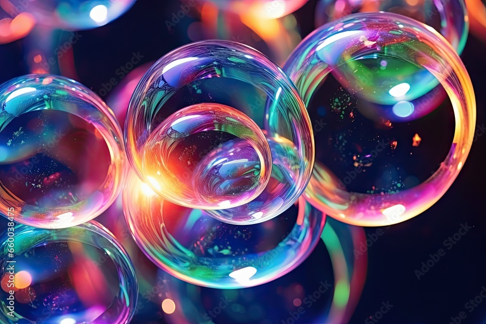 Poster a bunch of soap bubbles floating on top of each other. generative ai