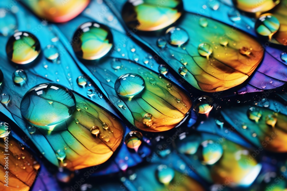 Poster a close up of water droplets on a colorful surface of material. generative ai
