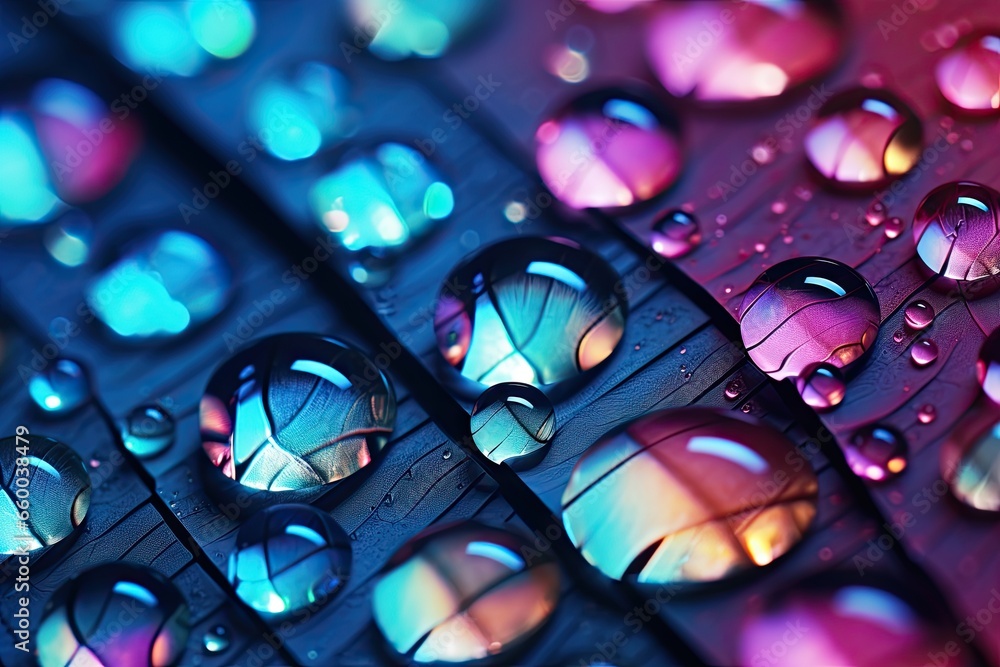 Poster a close up of water droplets on a surface with a multicolored background. generative ai