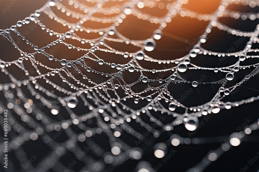 Poster a close up of water droplets on a spider web web. generative ai