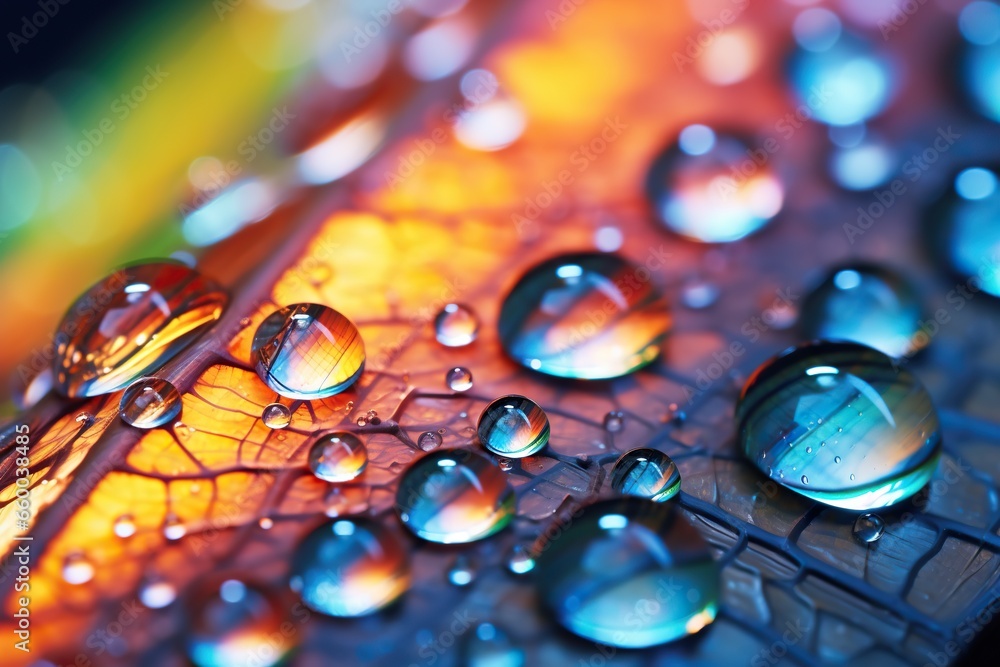 Poster a close up of water droplets on a surface with a rainbow in the background. generative ai