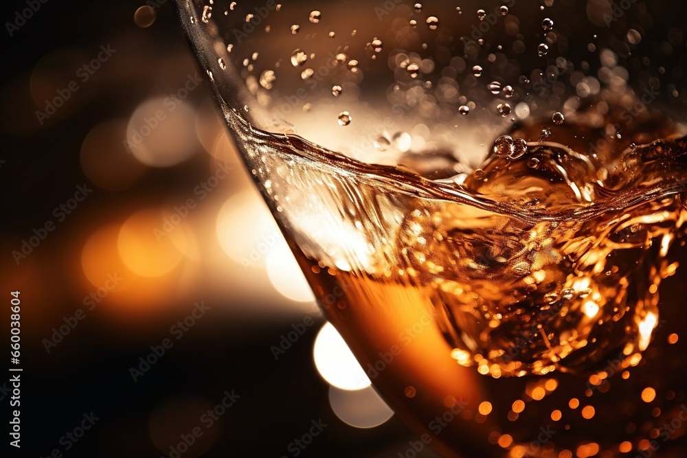 Poster a close up of a glass of wine with water splashing on it. generative ai