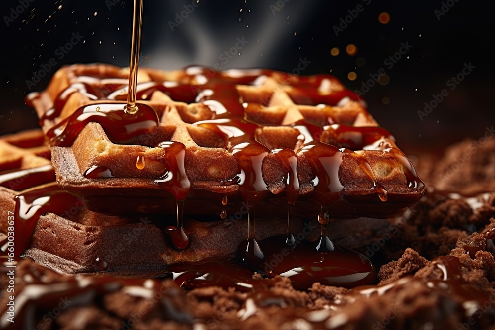 Poster a waffle with syrup being poured onto it with a spoon. generative ai