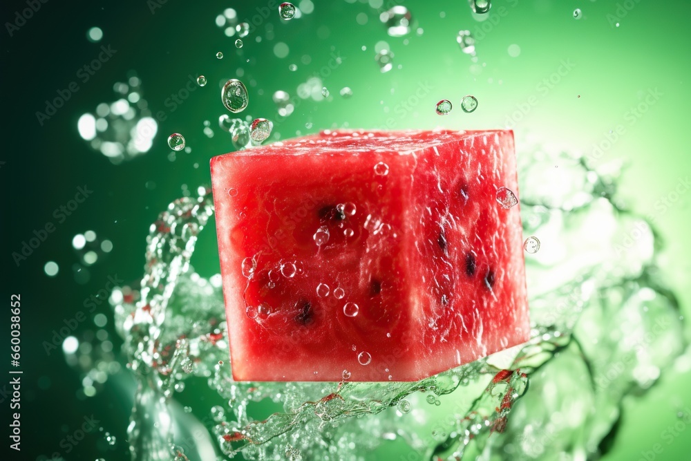 Poster a piece of watermelon floating on top of a green surface. generative ai