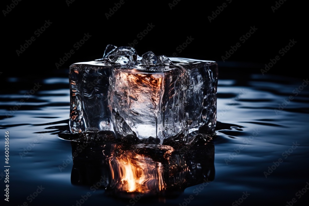 Poster an ice cube with a flame in the middle of it. generative ai