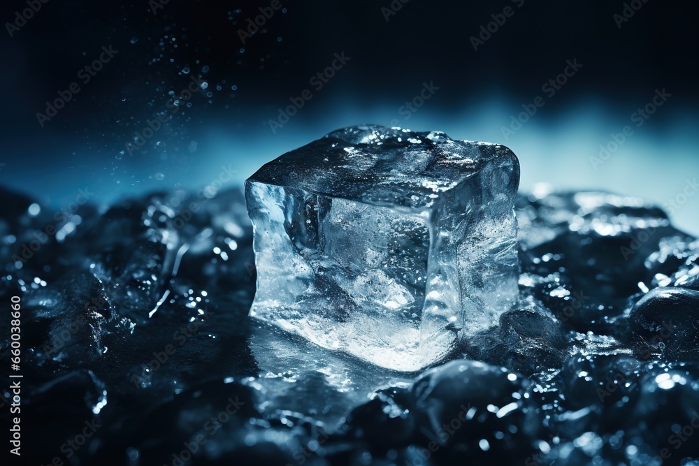 Poster an ice cube sitting on top of a pile of ice. generative ai