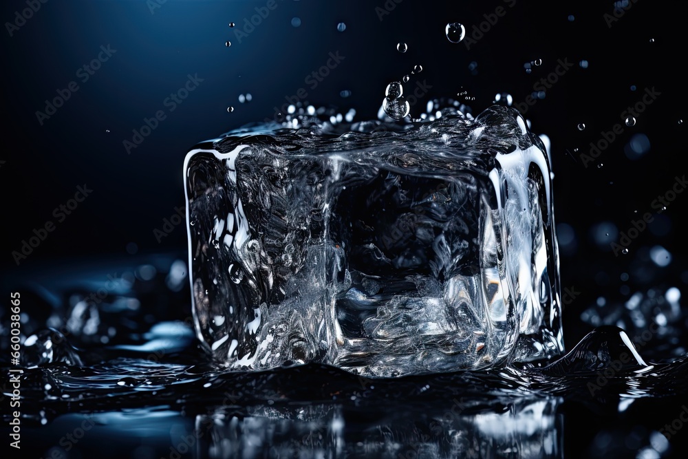 Aufkleber an ice cube with water splashing around it on a black background. generative ai