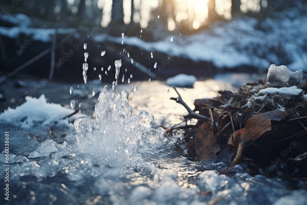 Poster a stream of water running through a forest filled with snow. generative ai