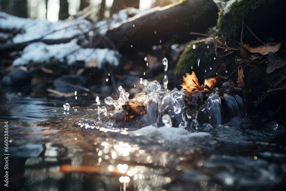 Poster a stream of water with a leaf floating on top of it. generative ai
