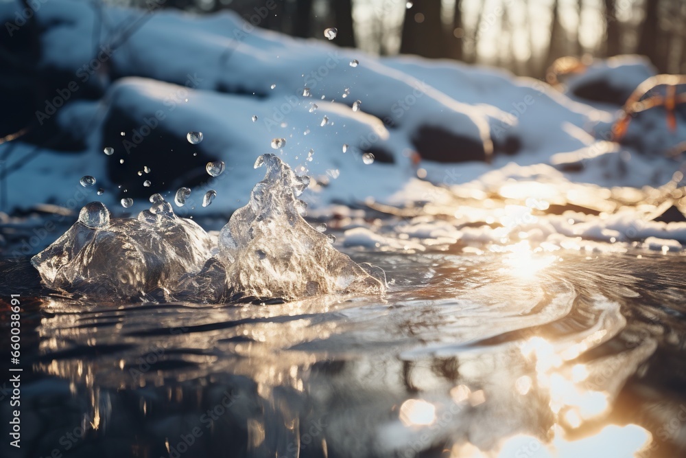 Aufkleber a stream of water with snow on the ground and trees in the background. generative ai