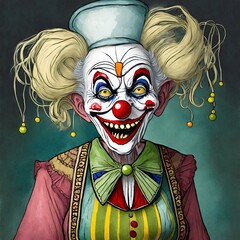 Eine ältere Frau ist als gruseliger Clown verkleidet 