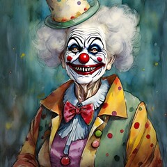 Eine ältere Frau ist als gruseliger Clown verkleidet 