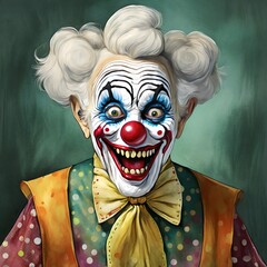 Eine ältere Frau ist als gruseliger Clown verkleidet 