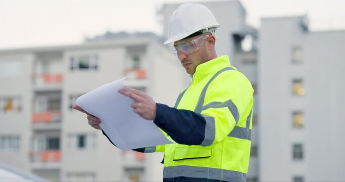 Engineer, blueprint and man with paper for city, planning and development of building with urban property. Architecture, floor plan and contractor thinking or construction worker with project design