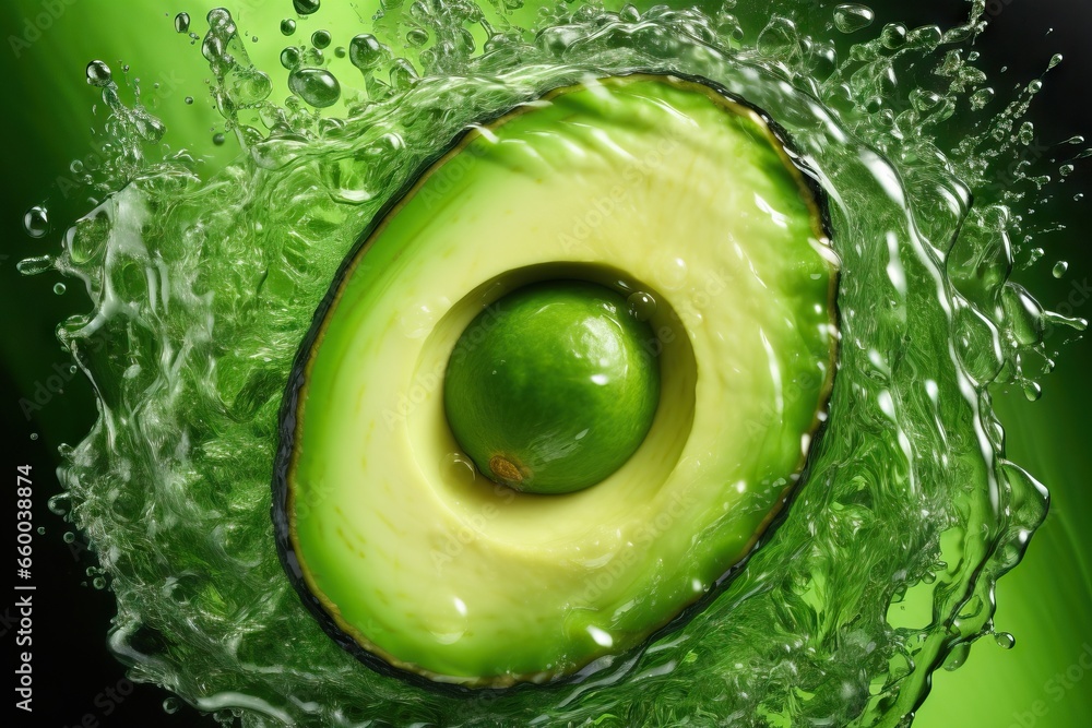 Poster an avocado with water splashing on it and a green background. generative ai