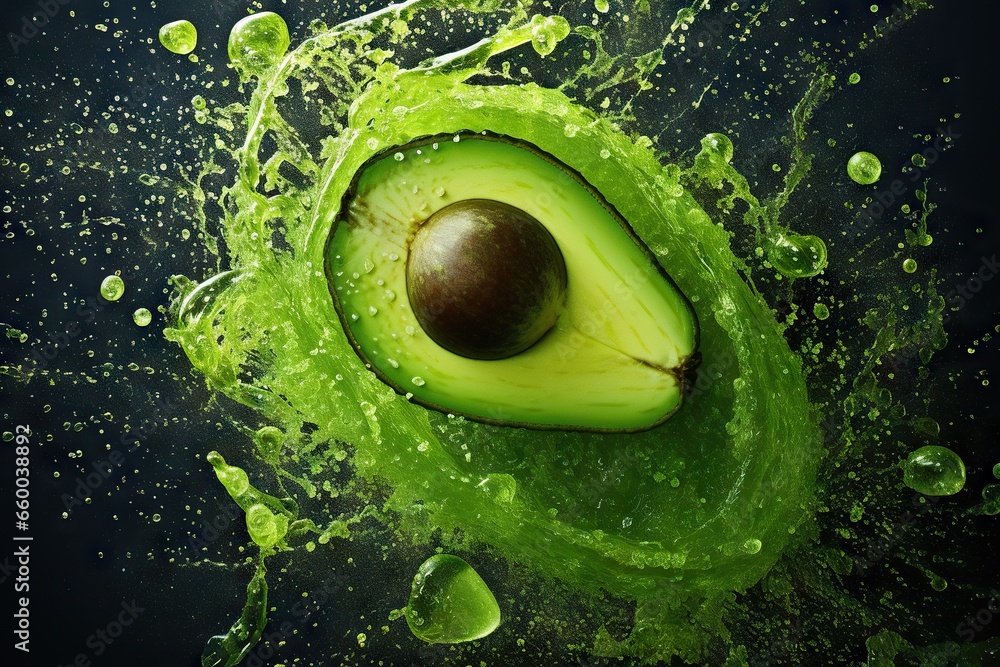 Poster an avocado is in the middle of a splash of green liquid. generative ai