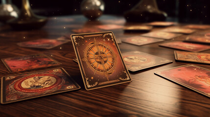 tarot cards on a wooden table - obrazy, fototapety, plakaty