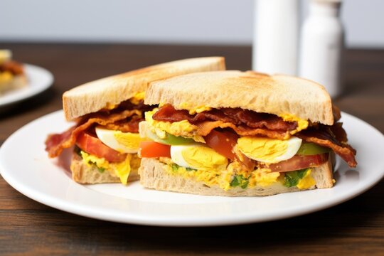 egg sandwich with bacon strips on a white plate