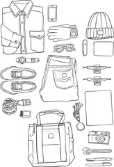 traveller equipment. illustration, line vector set 