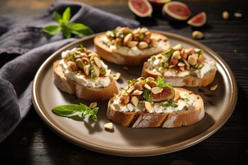 corsican-style bruschetta with fresh figs and nut cheese on a ceramic plate