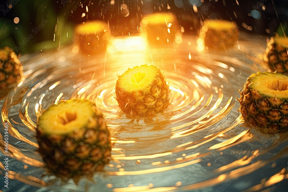 Poster a group of pineapples floating in a pool of water. generative ai